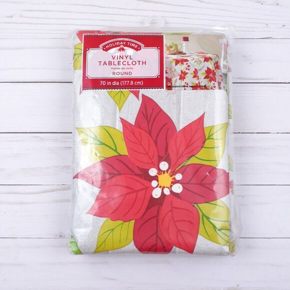 Vinyl Tablecloth Christmas Poinsettia Flowers 70 Inch Round - Picture 2 of 3